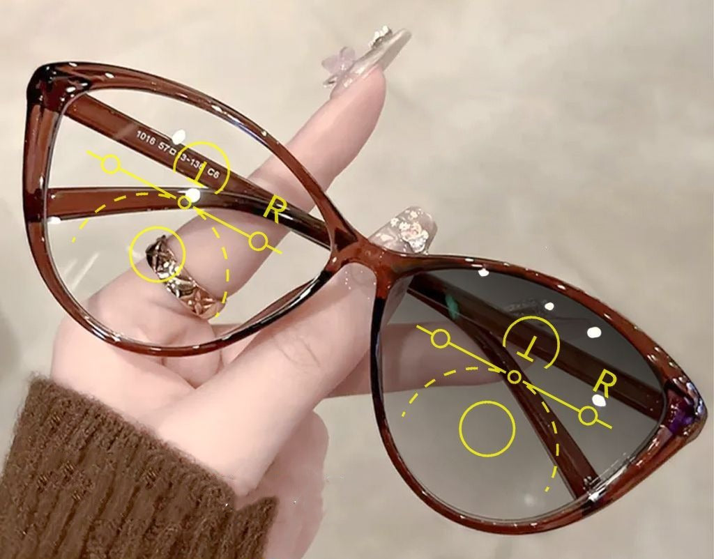 3in1 Cat Tea translucent brown cat-eye frame, angled view with illustrative lens markings