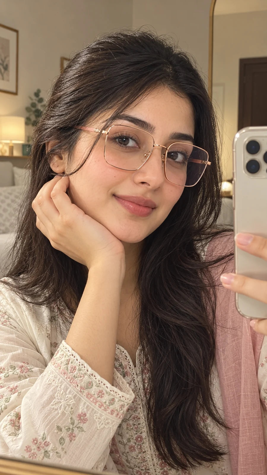 AI-generated styling preview of AU3 Rose Gold Photochromic Glasses; fictional adult model, not a customer testimonial