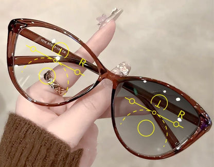3in1 Cat Tea translucent brown cat-eye frame, angled view with illustrative lens markings