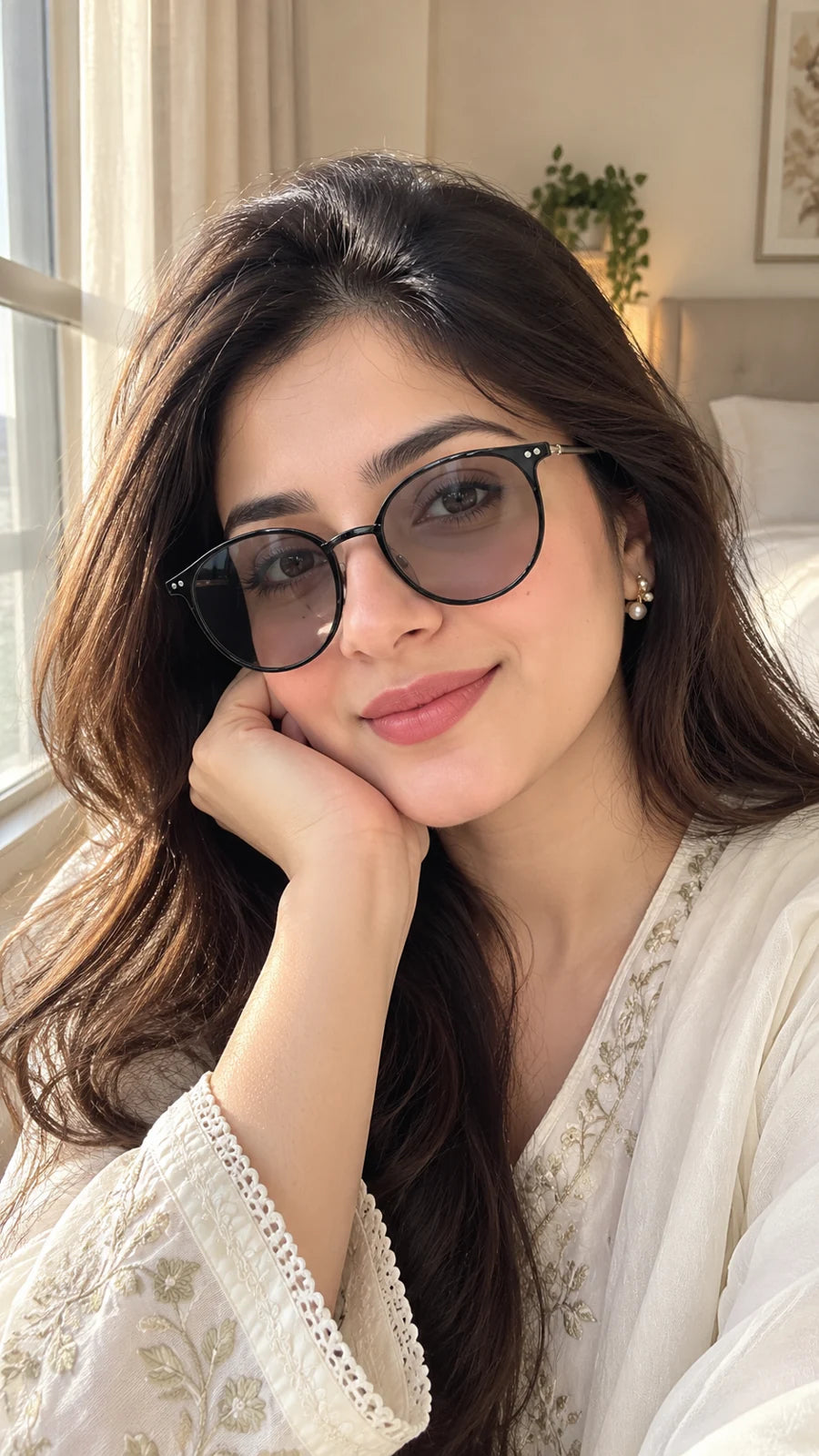 AI-generated styling preview of GU7 Round Photochromic Glasses; fictional adult model, not a customer testimonial