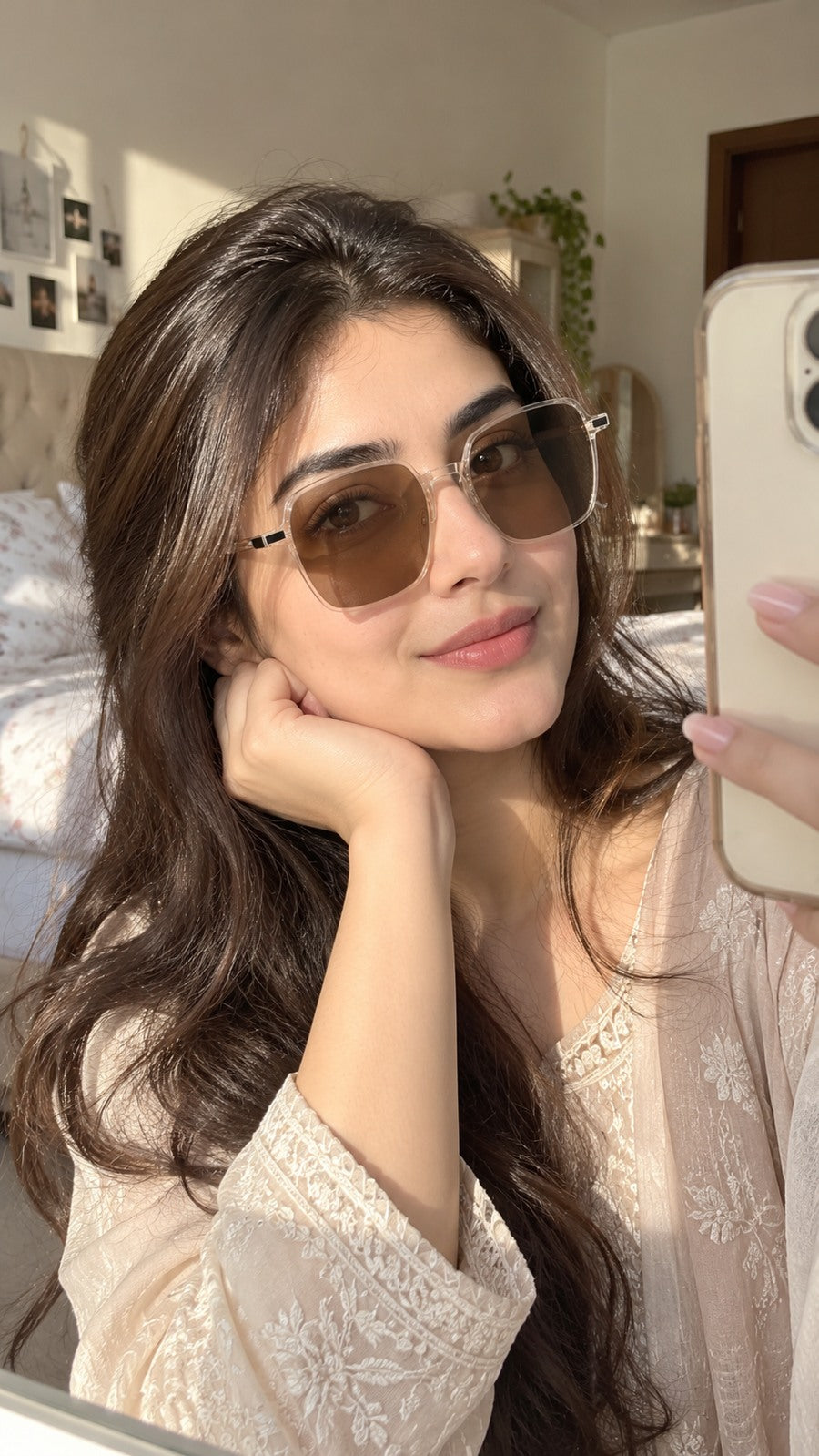 AI-generated styling preview of GU8 eyewear; fictional adult model, not a customer testimonial