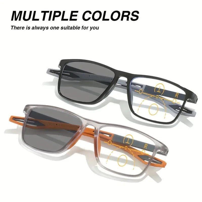 3in1 Progressive R6 Black and Orange frames, supplier illustration of clear and dark lens appearance