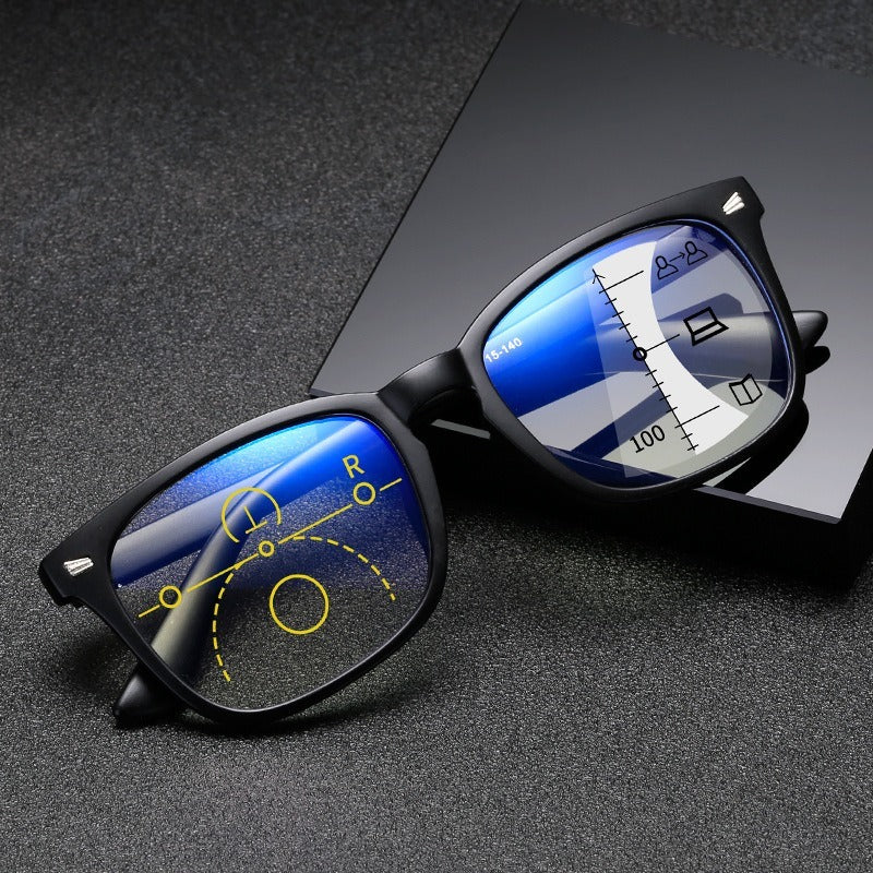Progressive R7 black rectangular frame, editorial image with illustrative progressive lens markings