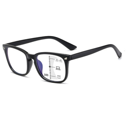 Progressive R7 black rectangular reading glasses, angled front view with illustrative lens markings
