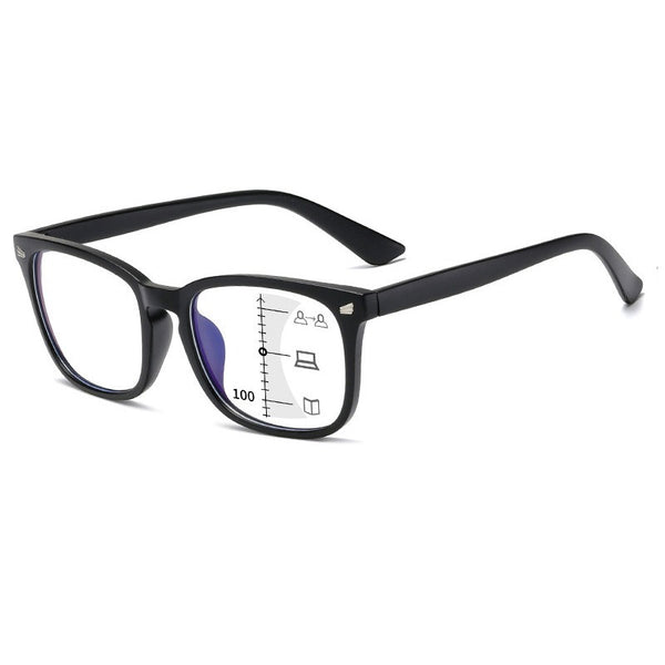 Progressive R7 black rectangular reading glasses, angled front view with illustrative lens markings