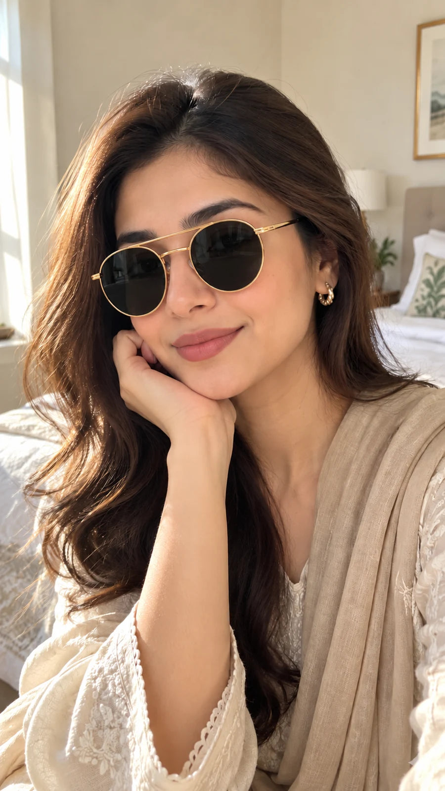 AI-generated styling preview of SU1 gold round double-bridge sunglasses; fictional adult model, not a customer review