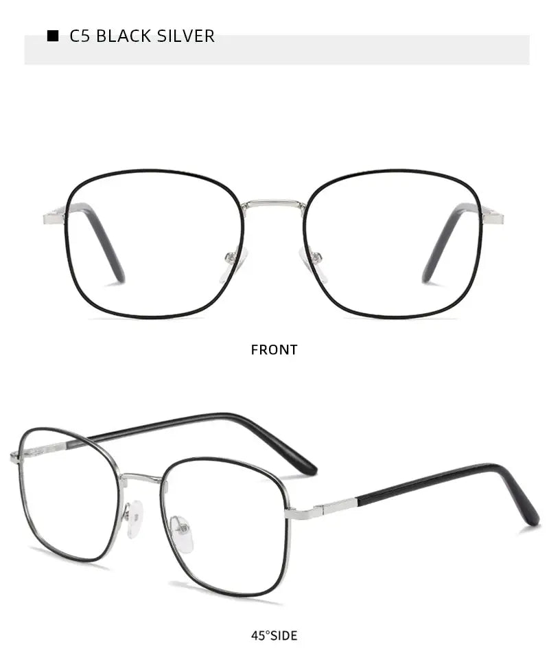 CG2 metal square photochromic glasses — black and silver frame, front and angled views