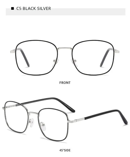 CG2 metal square photochromic glasses — black and silver frame, front and angled views