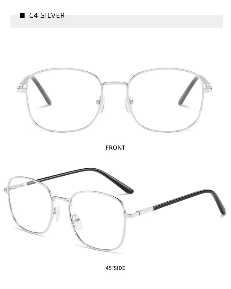 CG2 metal square photochromic glasses — Silver frame, front and angled views