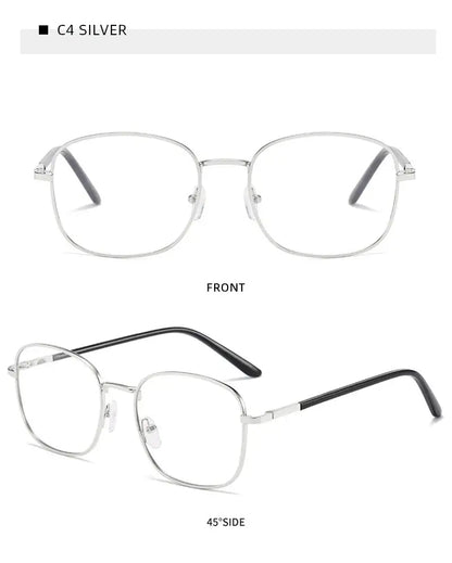 CG2 metal square photochromic glasses — Silver frame, front and angled views